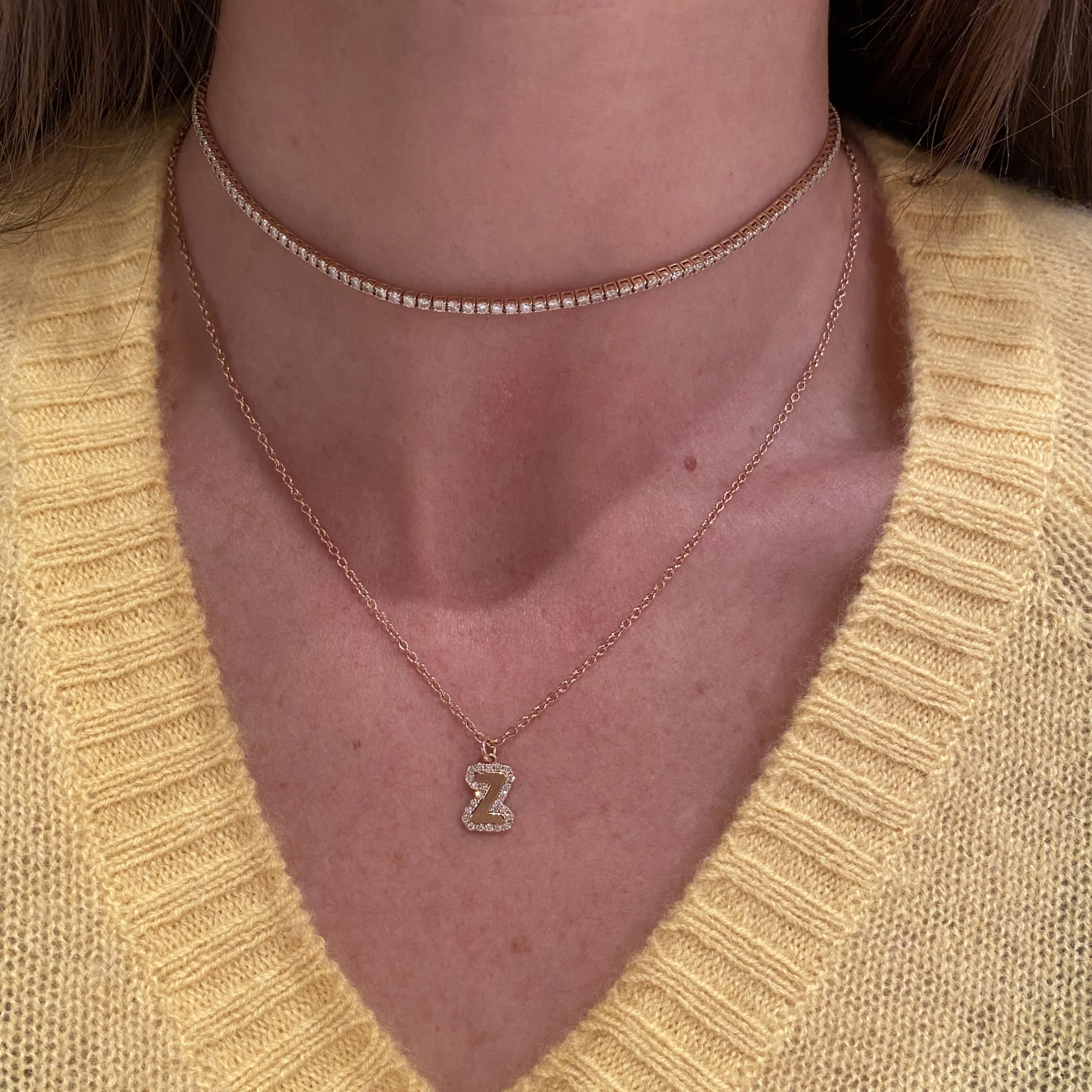 Large Bubble Initial Charm with Pave Outline Necklace - Image 3