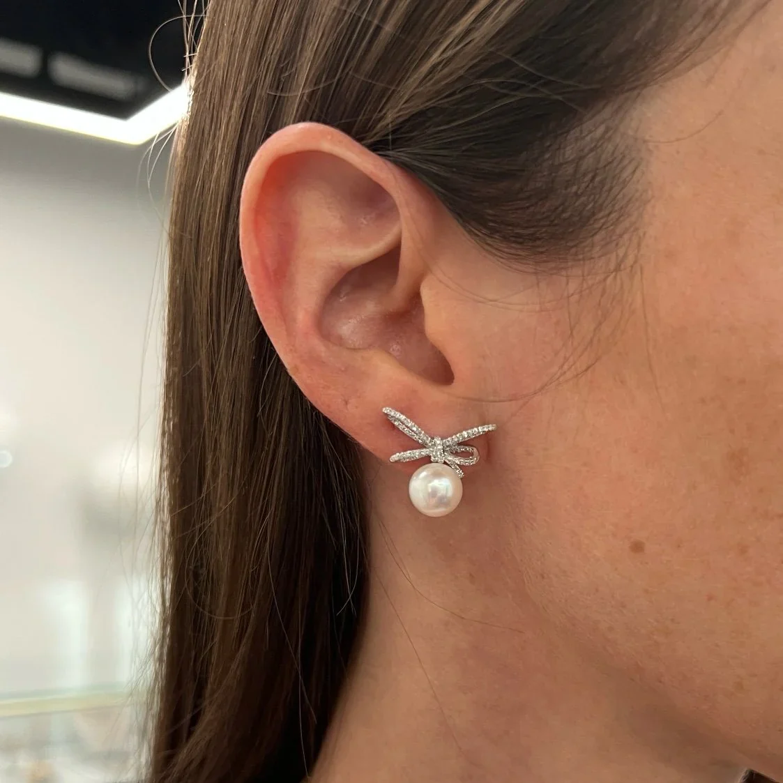Grace Pearl and Diamond Bow Stud Earrings - Image 4