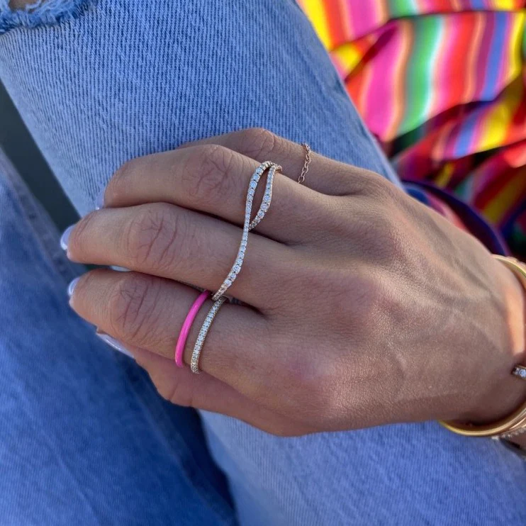 Poppy Black Enamel and Diamond Double Bar Ring size 6 - Image 3